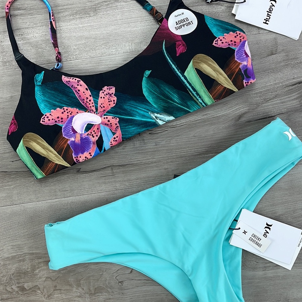 ☀️HURLEY☀️ ORCHID SNACK ADJUSTABLE HIPSTER SURF BOTTOM BIKINI SET - Picture 5 of 14